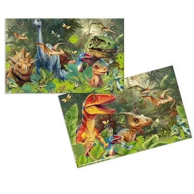 Dois puzzles infantis com desenhos coloridos de dinossauros e vegetação verde