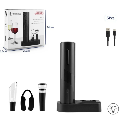 Conjunto de abridor de vinho elétrico preto com acessórios e caixa