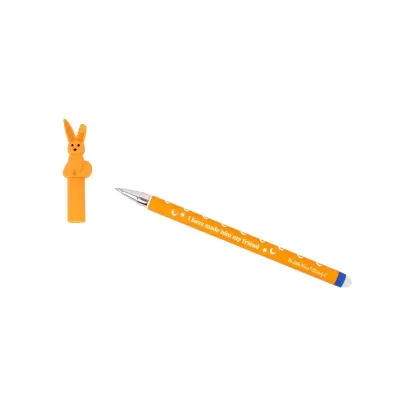 Caneta esferográfica laranja com coelho de silicone na tampa