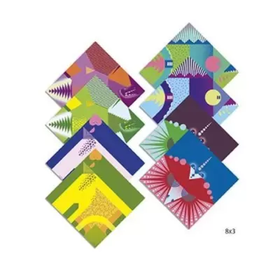 Oito lenços coloridos com padrões geométricos e abstratos dispostos em forma de losango