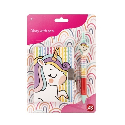 Diário infantil com capa de unicórnio e caneta com padrão colorido em embalagem rosa