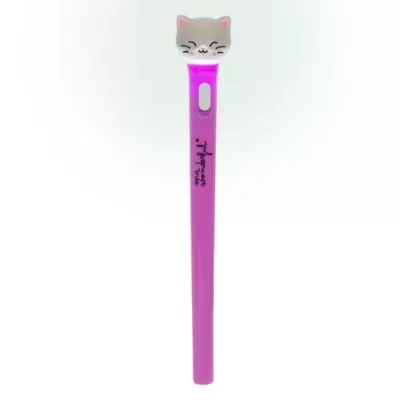 Caneta rosa com tampa em forma de gato cinzento e texto 'sweet night'