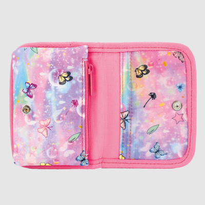 Carteira rosa com padrão de borboletas aberta mostrando compartimentos