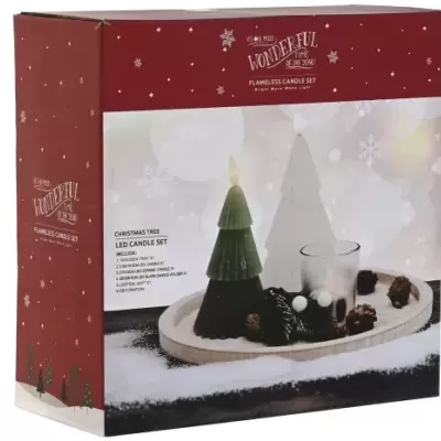 Conjunto de velas decorativas em forma de árvore em embalagem vermelha e branca.