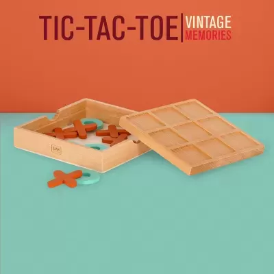 Jogo de tabuleiro Tic-Tac-Toe vintage com peças de madeira laranja e azul