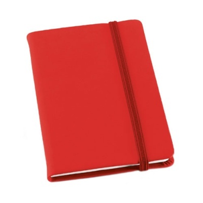 Caderno vermelho com capa rígida e fecho elástico