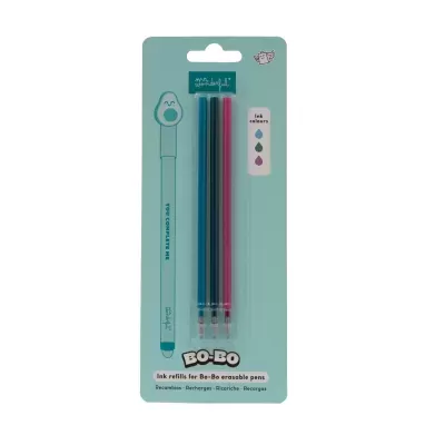 Pack recargas tinta canetas apagáveis Bo-Bo três cores azul preto rosa embalagem azul