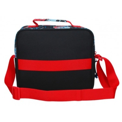 Mala saco preta com faixa vermelha e padrão azul colorido