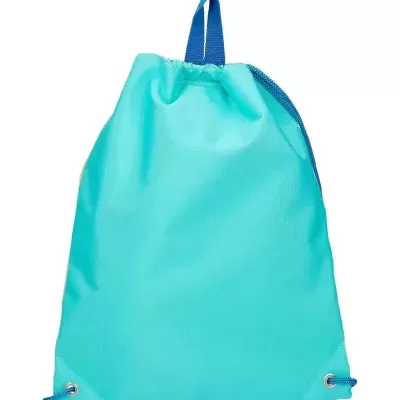Mochila saco azul claro com cordão azul escuro e alça de transporte