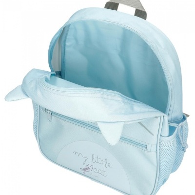 Mochila infantil azul clara com bolso frontal e texto my little cat