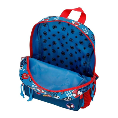 Mochila azul e vermelha com padrão de teias de aranha e imagens do Homem-Aranha aberta