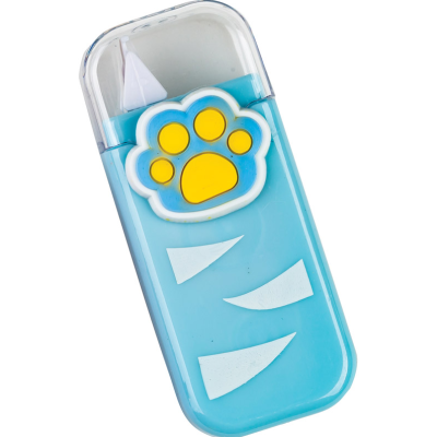 Estojo azul com tampa transparente e decoração de pata amarela