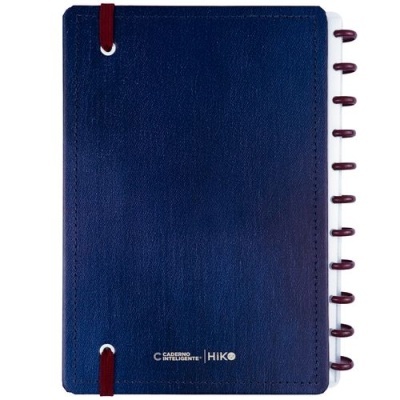Caderno azul com fecho elástico vermelho e argolas bordeaux