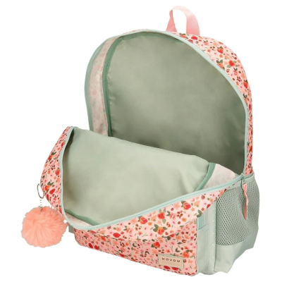 Mochila floral rosa aberta com pompom cor de rosa