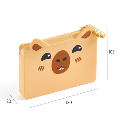 Carteira ou estojo amarelo no formato de cabeça de animal com fecho e letras BFF.