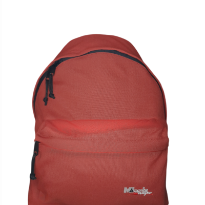 Mochila vermelha de tecido com fechos e cordões pretos