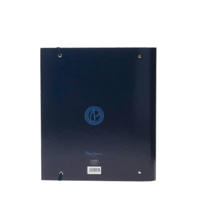 Dossier azul escuro com fechos metálicos e texto Pepe Jeans