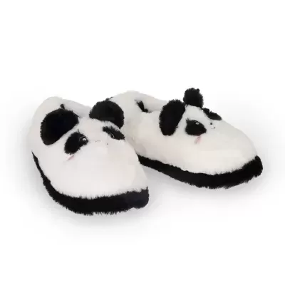 Chinelos felpudos estilo panda branco e preto com orelhas