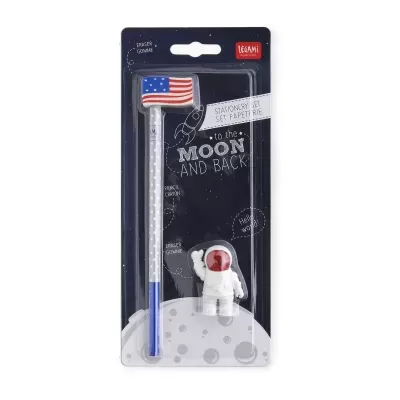 Conjunto material escolar Legami com lápis estrelas e borrachas bandeira EUA e astronauta