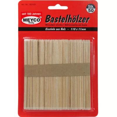 Paquete de 50 bastões de madeira naturais embalados em plástico vermelho da marca Meyco