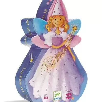 Embalação metálica de quebra-cabeças em forma de fada com vestido rosa e roxo e asas azuis