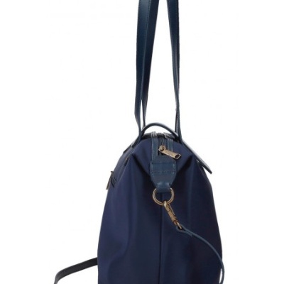 Mala de mão azul escura com fecho dourado e alças finas