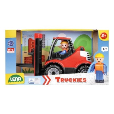 Brinquedo empilhadora vermelha com bonecos e embalagem azul amarela