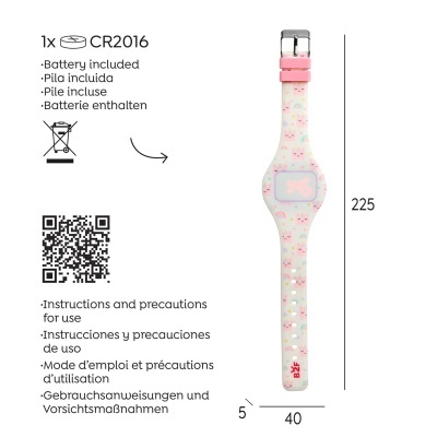 Relógio digital infantil com bracelete branca e desenhos rosa de gatos e arco-íris