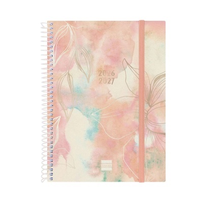 Agenda encadernada com capa aquarela e elástico cor-de-rosa