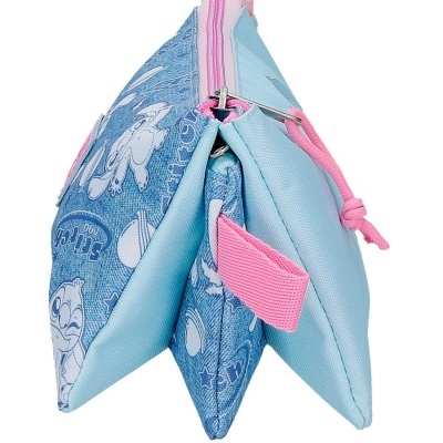 Bolsa ou estojo azul e rosa visto de lado