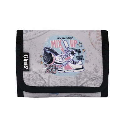 Carteira cinzenta com ilustração e detalhes pretos