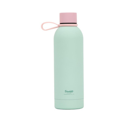 Garrafa térmica verde mint com tampa rosa e alça de silicone