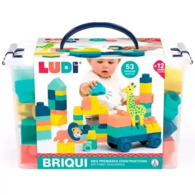 Conjunto de blocos de construção coloridos numa caixa transparente com pega azul e rótulo com criança a brincar