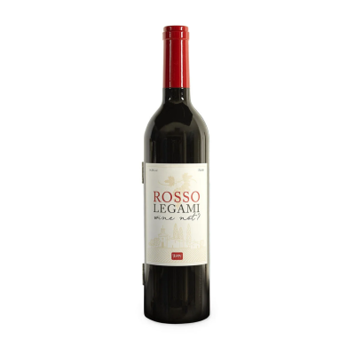 Garrafa de vinho tinto Rosso Legami com rótulo branco e cápsula vermelha