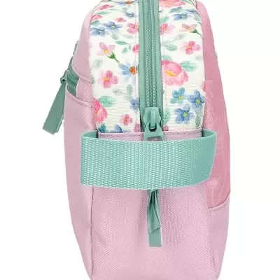 Necessaire rosa com flores multicoloridas e alça azul-clarinha