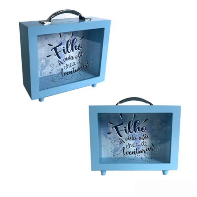 Mealheiro caixa azul com frase decorativa para filho