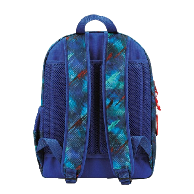 Mochila azul escura com alças acolchoadas e padrão abstrato em azul e vermelho
