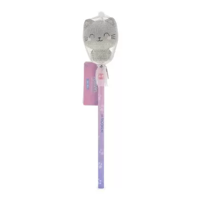 Lápis com borracha de gato e etiqueta rosa