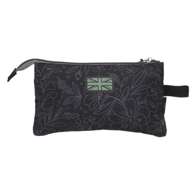 Estojo preto com padrão floral cinzento e emblema da bandeira do Reino Unido