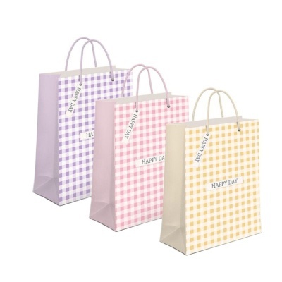 Três sacos de papel xadrez com etiquetas HAPPY DAY em várias cores
