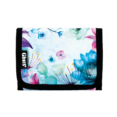 Carteira floral com etiqueta 'Gbruss' e bordas pretas