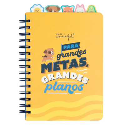 Caderno amarelo com texto e abas coloridas decoradas com personagens