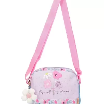 Mala pequena com alça rosa e padrão floral colorido