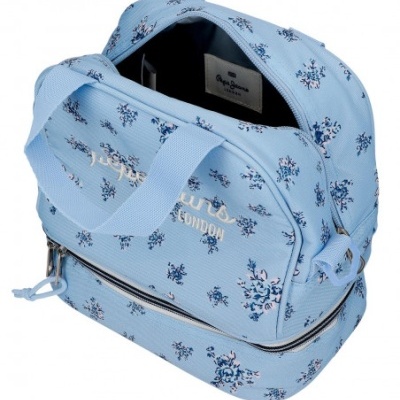 Mala pequena azul clara com padrão floral e texto bordado