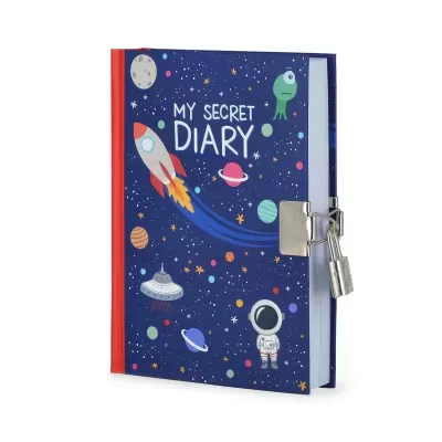 Diário secreto azul com desenhos de espaço e fecho com cadeado
