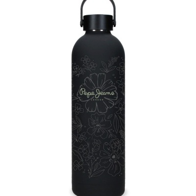 Garrafa térmica preta com padrão floral e texto Pepe Jeans LONDON