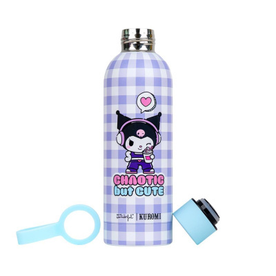 Garrafa térmica lilás com personagem Kuromi e texto