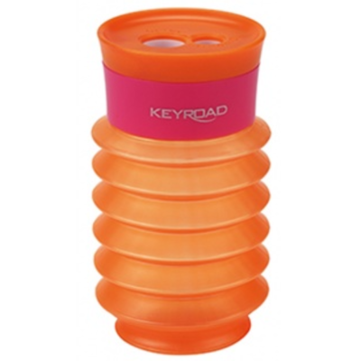 Apontador de lápis cilíndrico laranja translúcido com rosa e tampa laranja