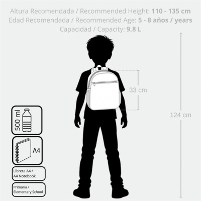 Silhueta de criança com mochila com medidas e indicação de idade e capacidade