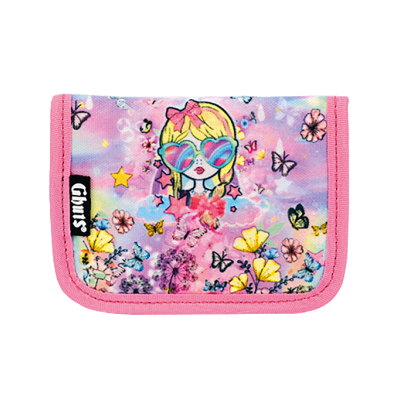 Carteira colorida com padrão de flores, borboletas e personagem com óculos